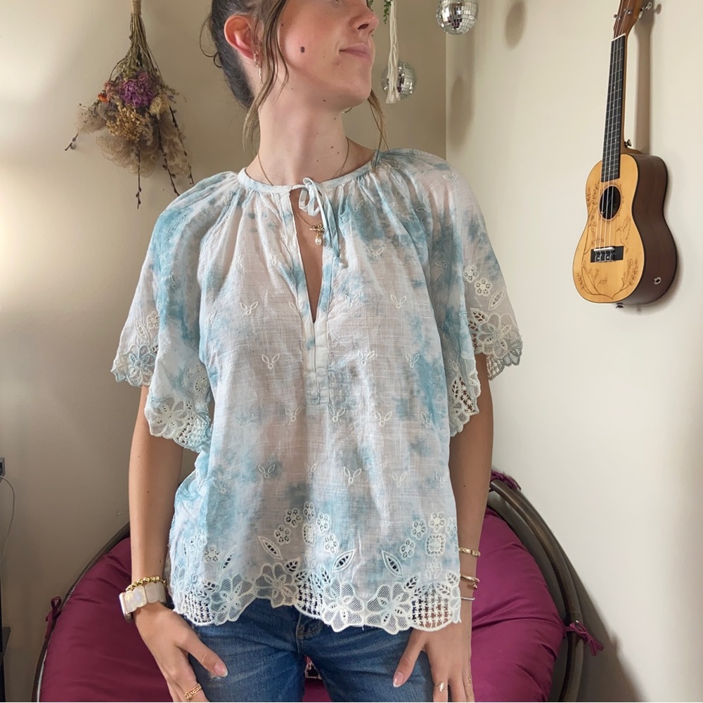 Anthropologie | NTW!! Blue and white dyed Eyelet Blouse
